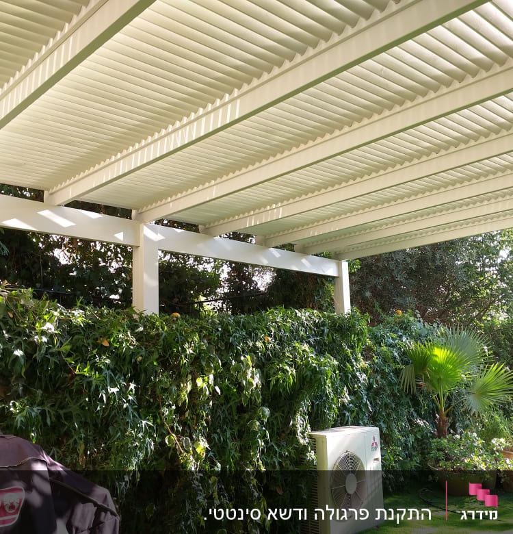 פרגולה לבנה מעל גינה עם צמחייה ירוקה